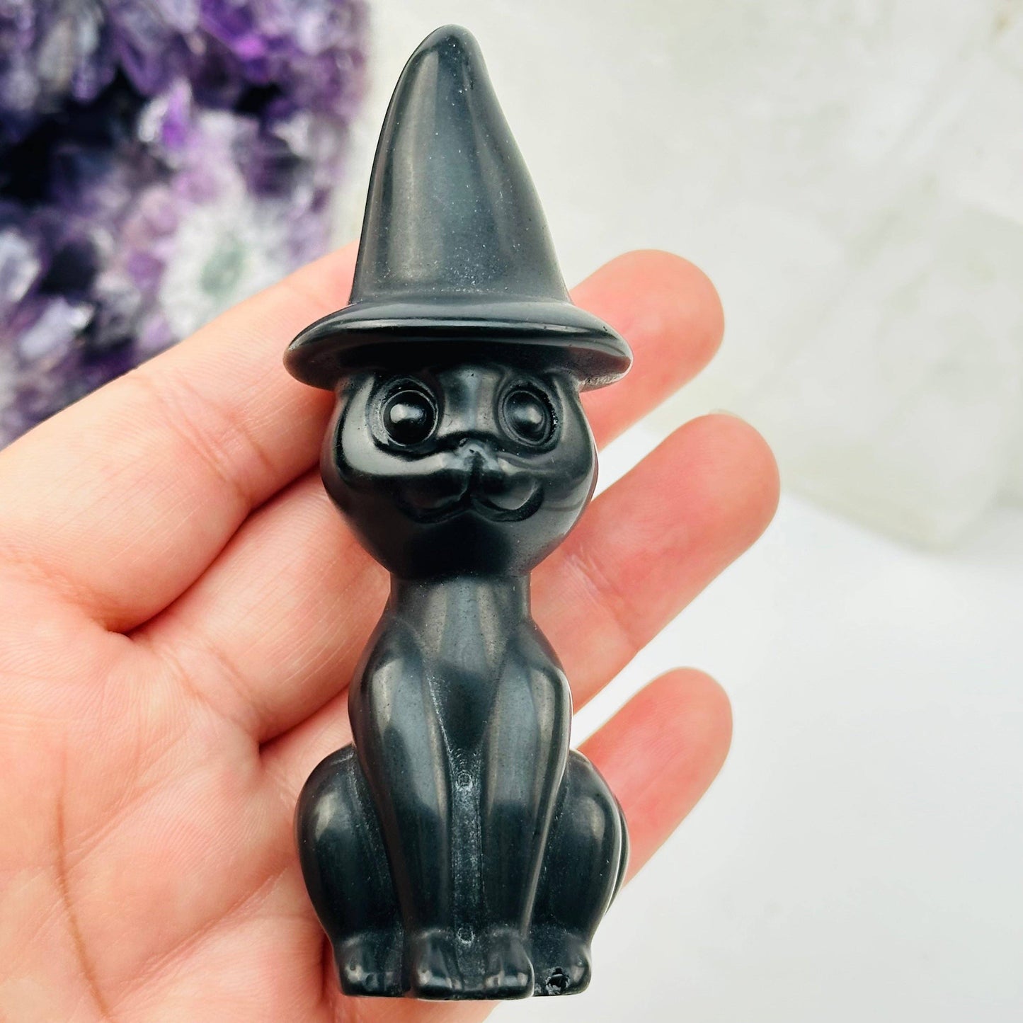 Black Onyx Crystal Cat with Hat - Halloween Decor