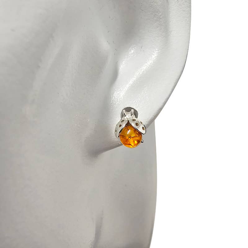 Cognac Amber Sterling Silver Ladybug Stud Earrings