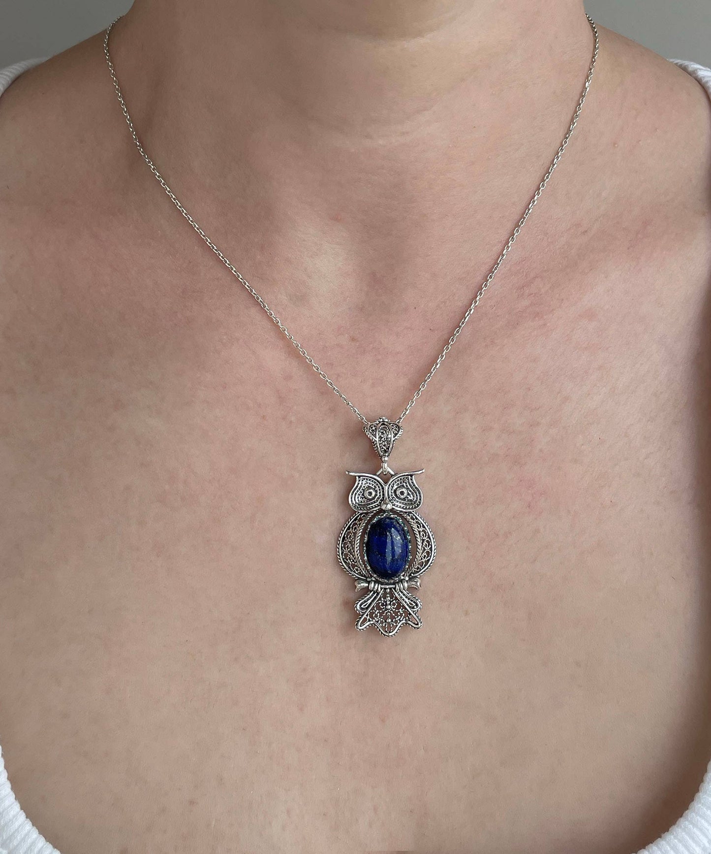 Lapis Lazuli Filigree Owl Sterling Silver Pendant