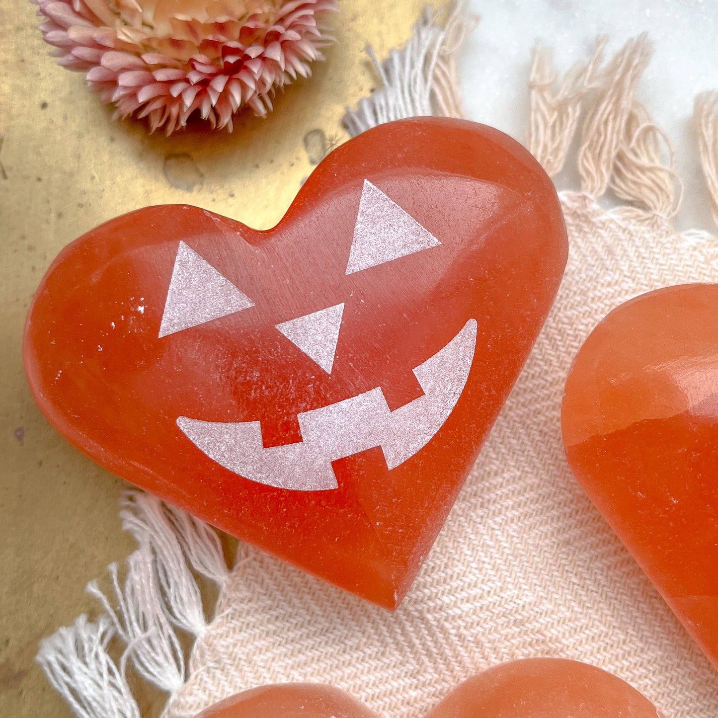 "Heart-O-Lantern" Halloween Selenite Jack-o-Lantern Hearts
