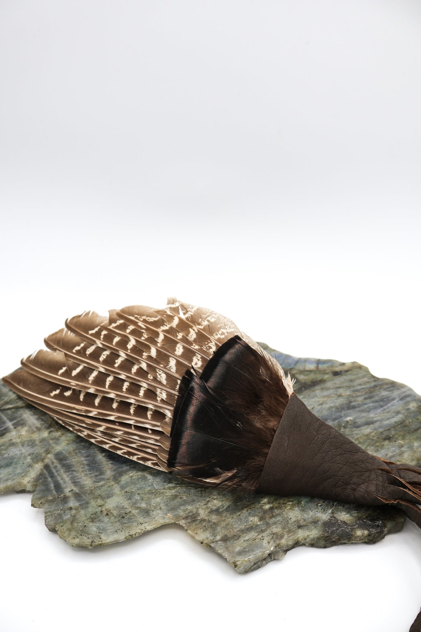 Feather Fan For Smudging with Leather Wrap and Tail
