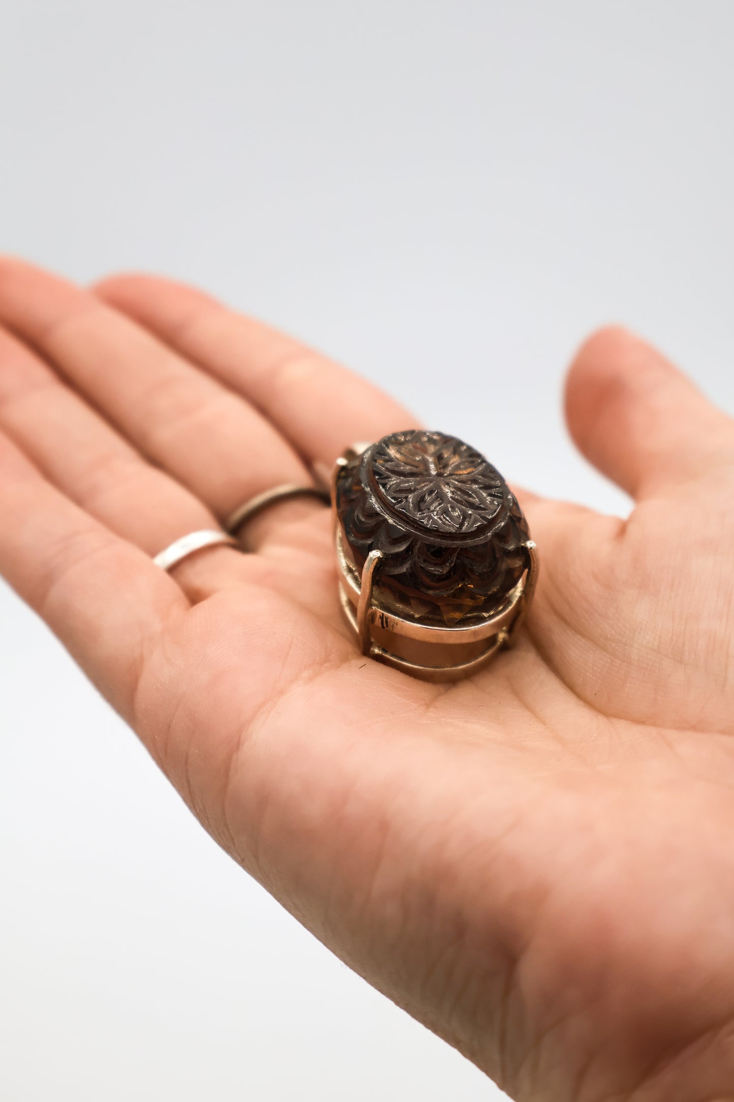 Hand Carved Smokey Quartz Flower Pendant