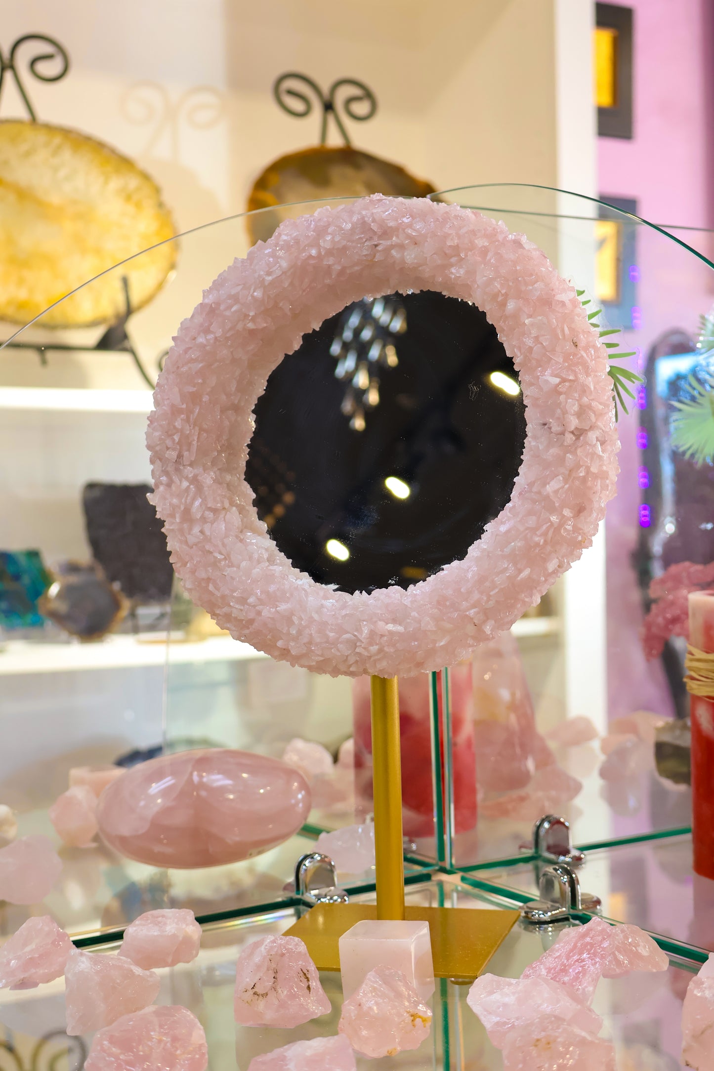 Rose Quartz Gemstone Mirror with Gold Stand