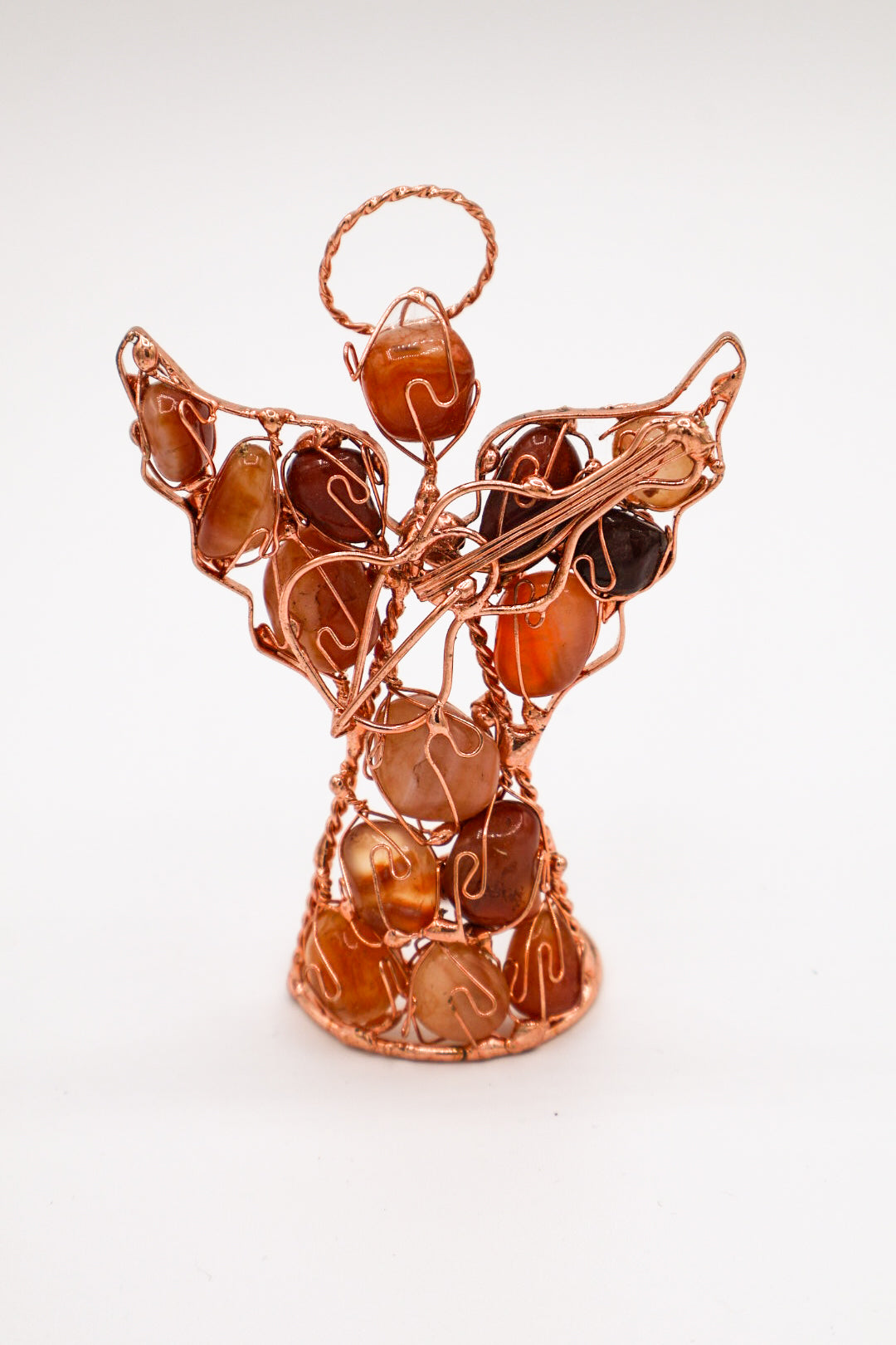 Angel Holding Instrument Copper Wire Sculpture With Assorted Gemstones (Small)