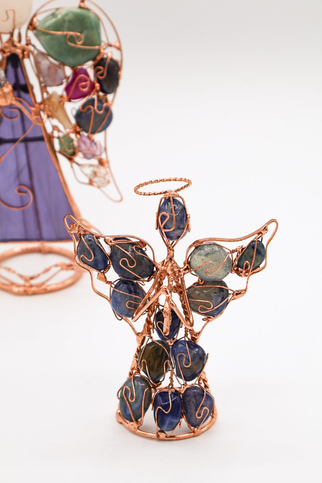 Angel Holding Instrument Copper Wire Sculpture With Assorted Gemstones (Small)