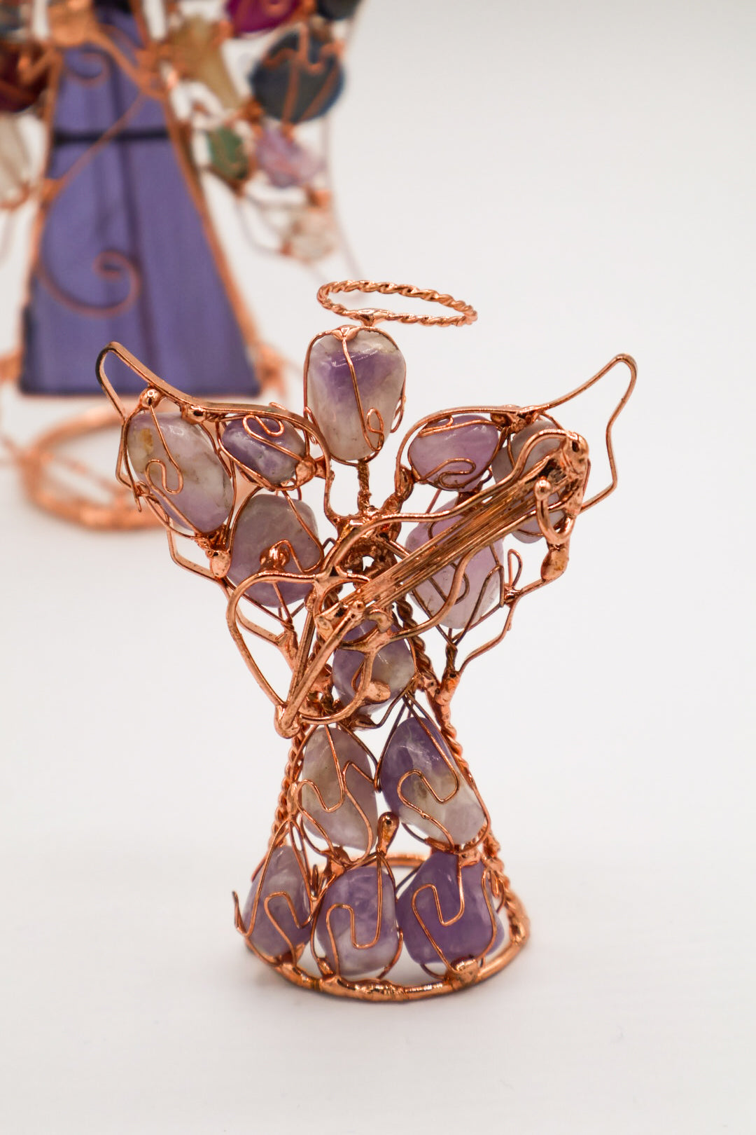 Angel Holding Instrument Copper Wire Sculpture With Assorted Gemstones (Small)