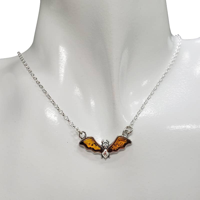 Cognac Amber Bat Sterling Silver Necklace