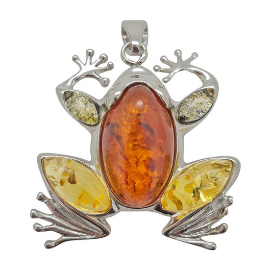 Multi-Color Amber Sterling Silver Frog Pendant