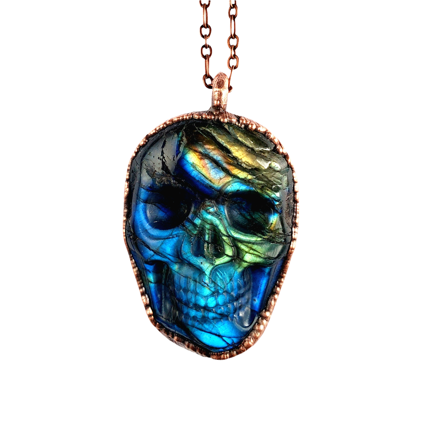 Carved Skull Copper Wrapped Green Fire Labradorite Necklace