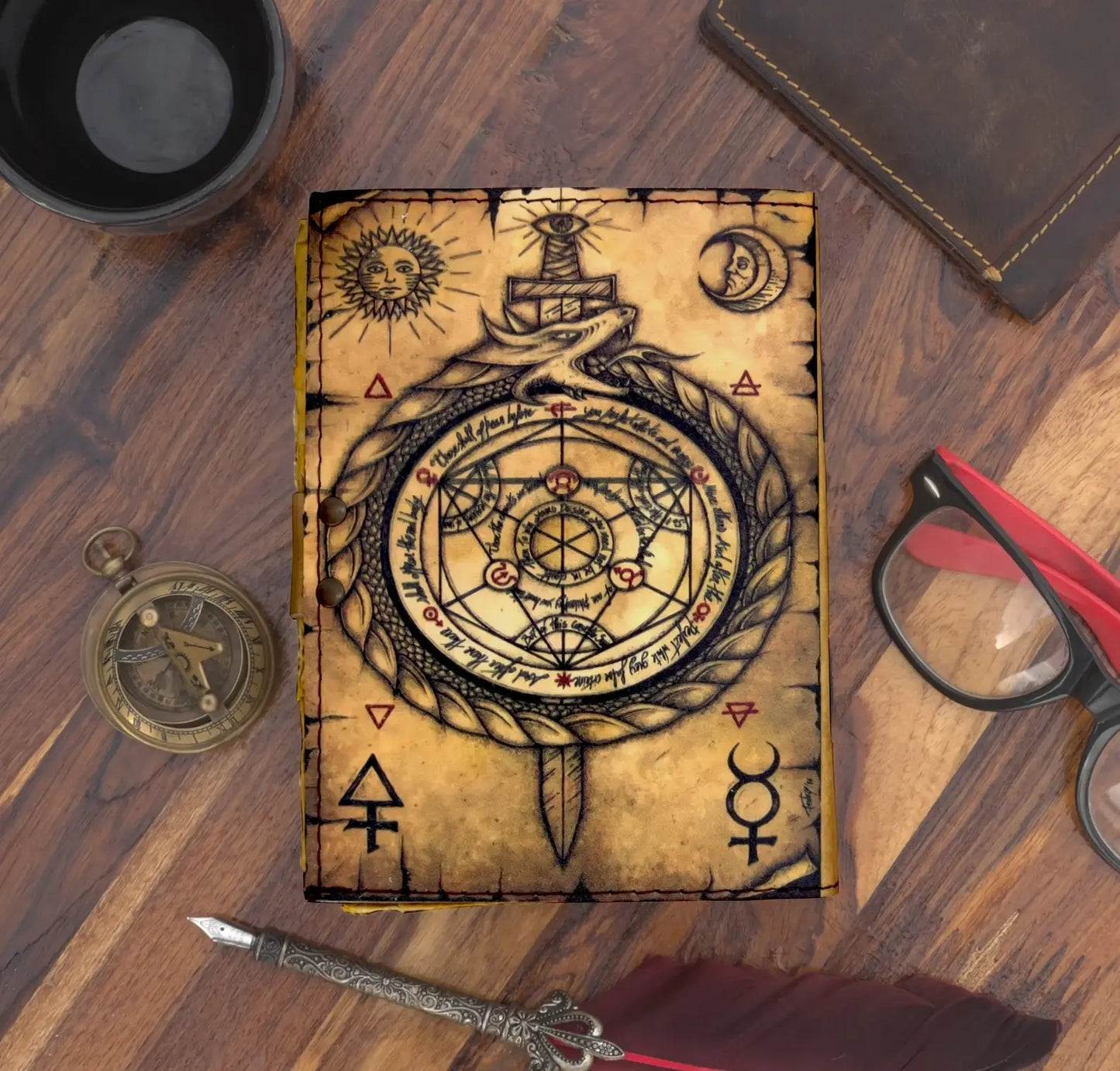 Vintage Style Leather Journal with Compass Print 
