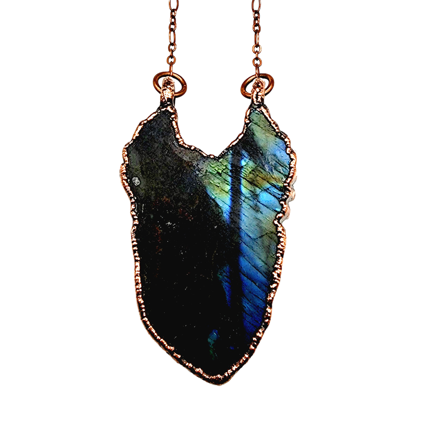 Angel Wings Copper Wrapped Green Fire Labradorite Necklace