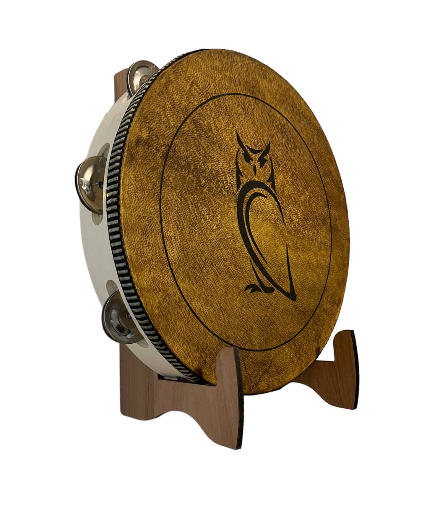 10" Owl Goat Hide Tambourine with Illuminated Display Stand