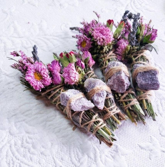 Rosemary, Sage and Lavender Smudge Stick With Lepidolite  Crystal