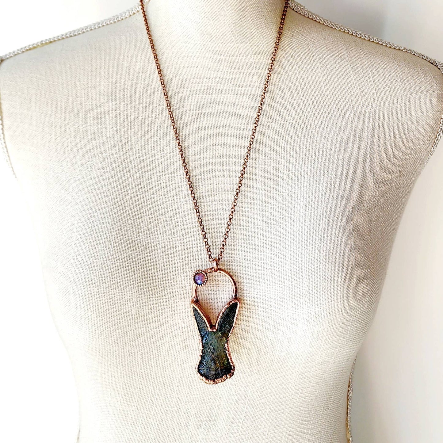Rabbit Totem Copper Wrapped Green Fire Labradorite Necklace