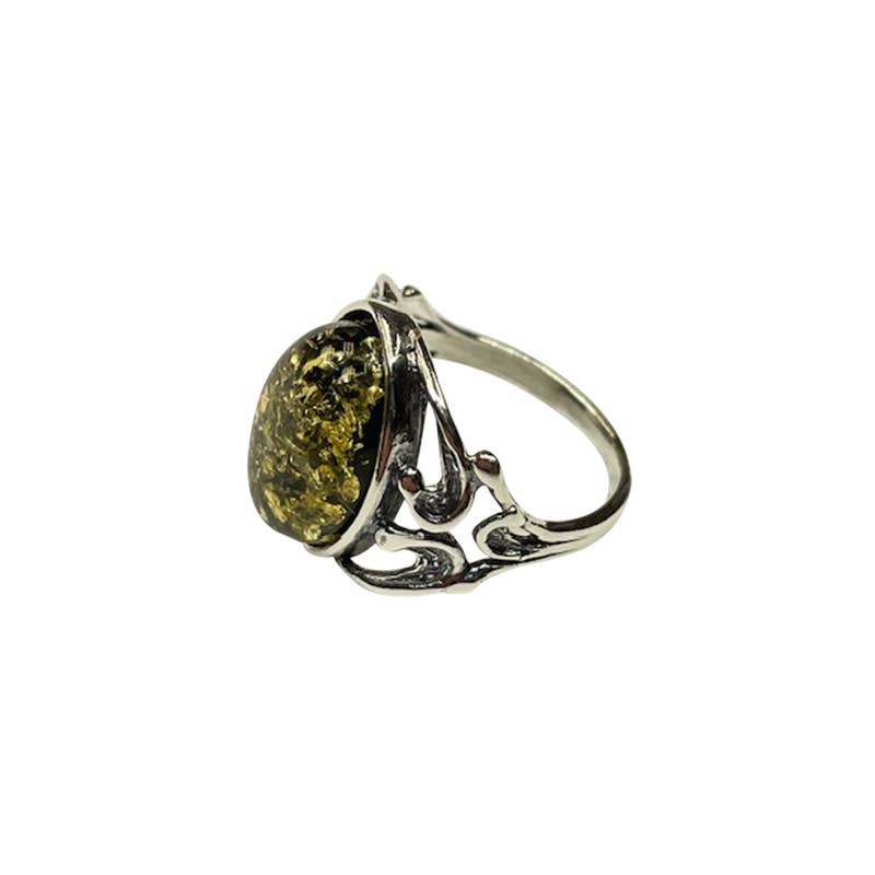 Green Amber Sterling Silver Ring (Size 5)