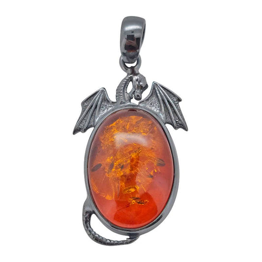 Cognac Amber in Oxidized Sterling Silver Dragon Pendant