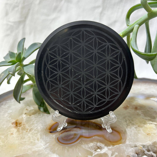 Round Shungite Tile Engraved with the Flower of Life