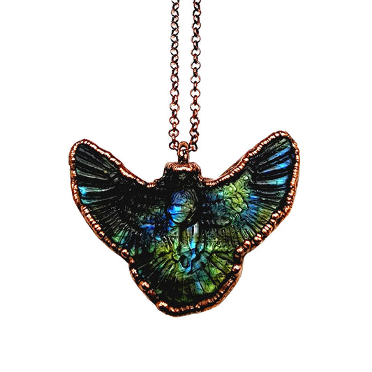 Carved Owl Talisman Copper Wrapped Green Fire Labradorite Necklace