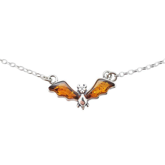 Cognac Amber Bat Sterling Silver Necklace