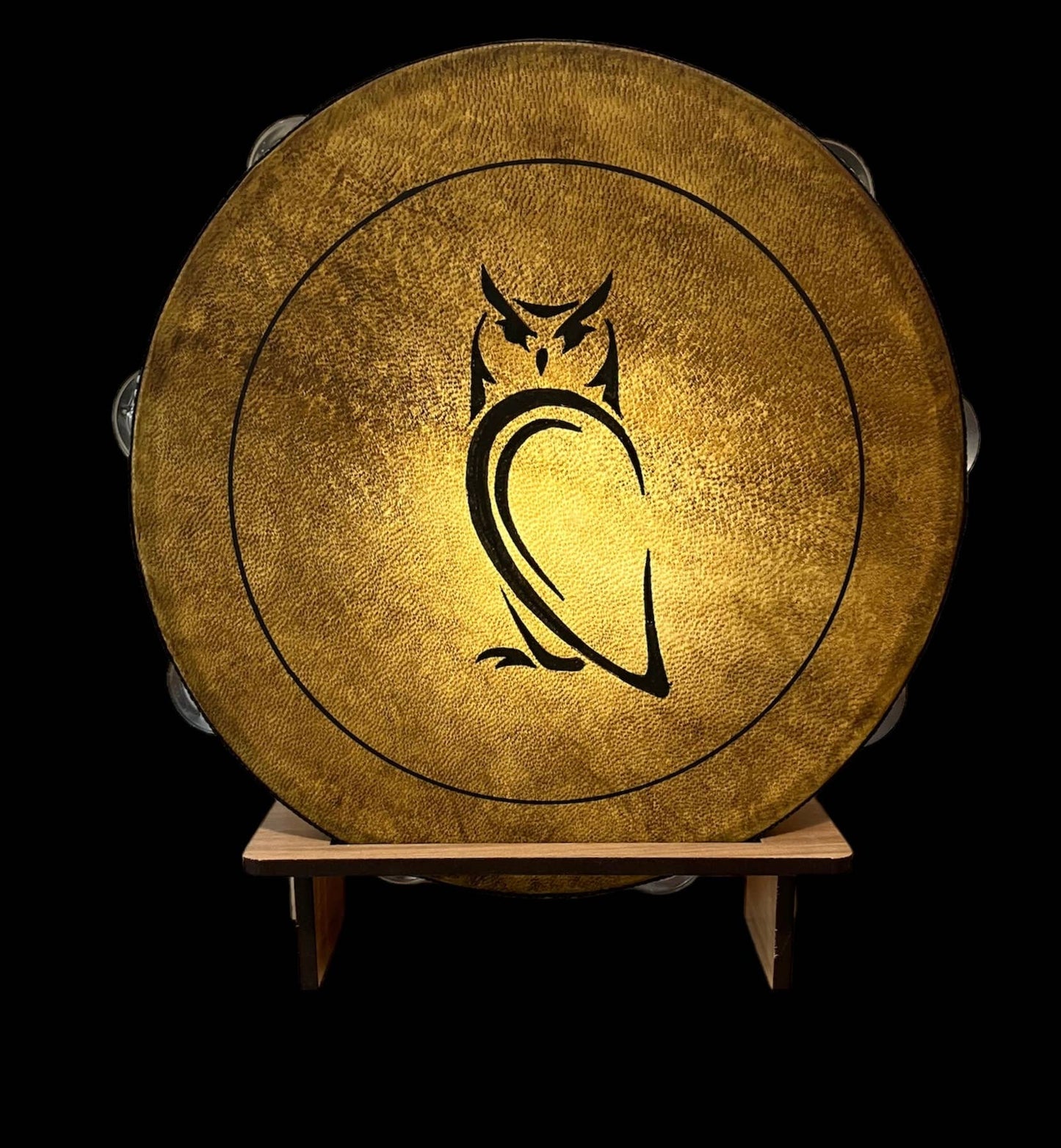 10" Owl Goat Hide Tambourine with Illuminated Display Stand