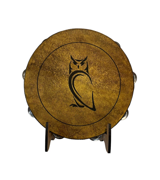 10" Owl Goat Hide Tambourine with Illuminated Display Stand