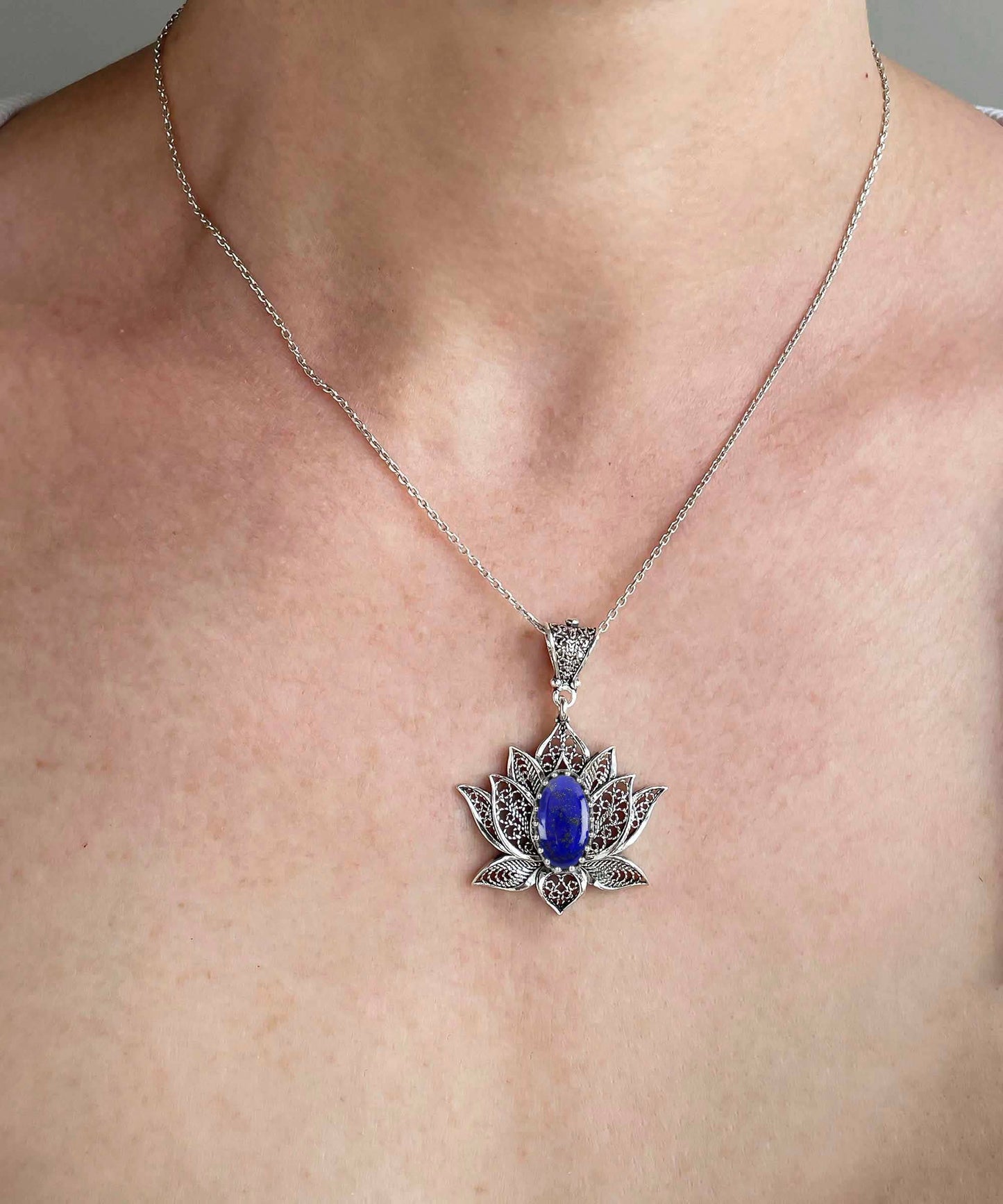 Lapis Lazuli Filigree Lotus Sterling Silver Pendant with Necklace