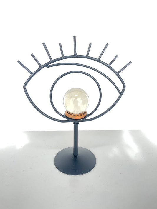 Evil Eye Crystal Ball Holder With Ball | 8" Metal Eye | Clear Quartz Sphere