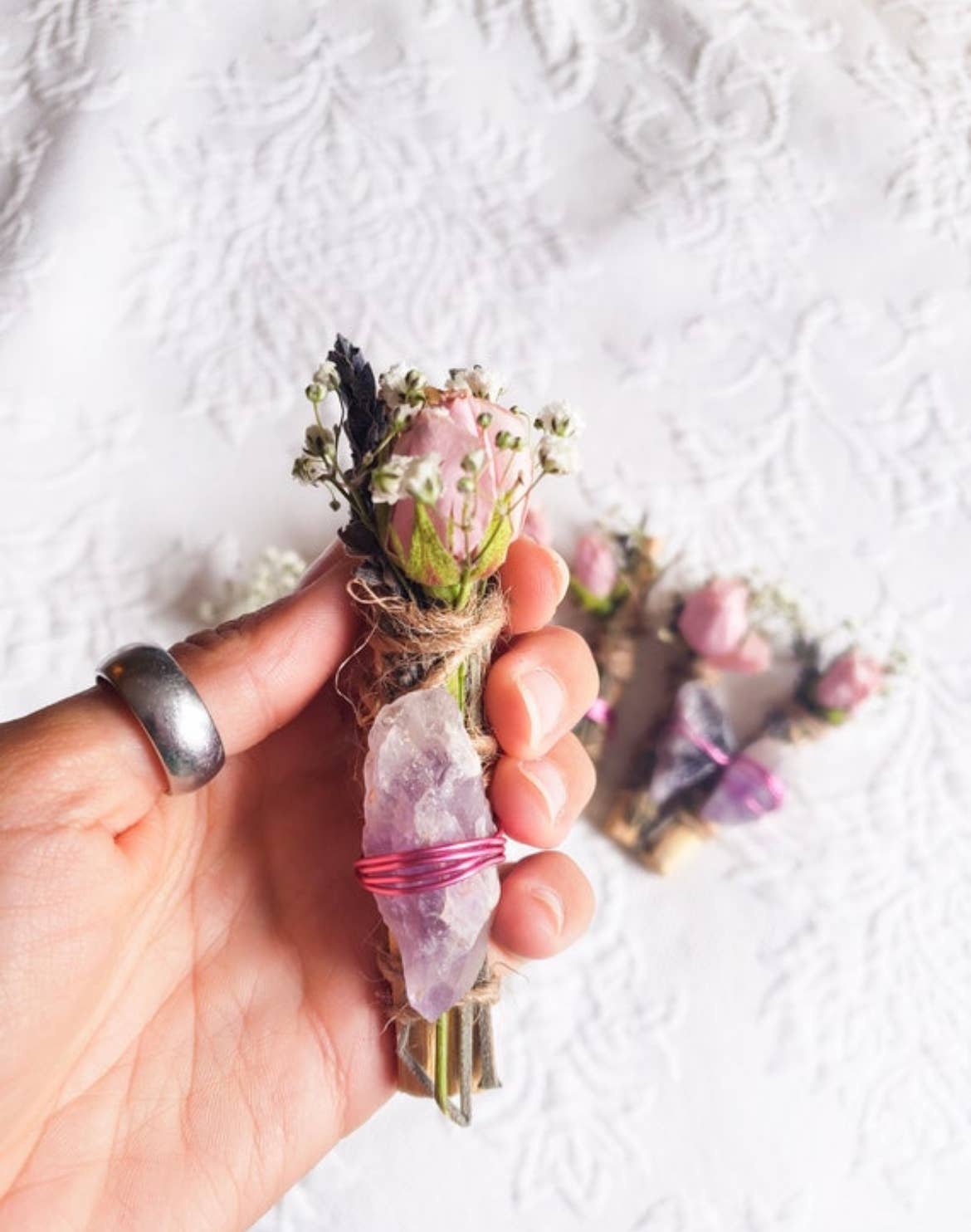 Amethyst, Lavender, Rose and Palo Santo Smudge Stick With Crystal
