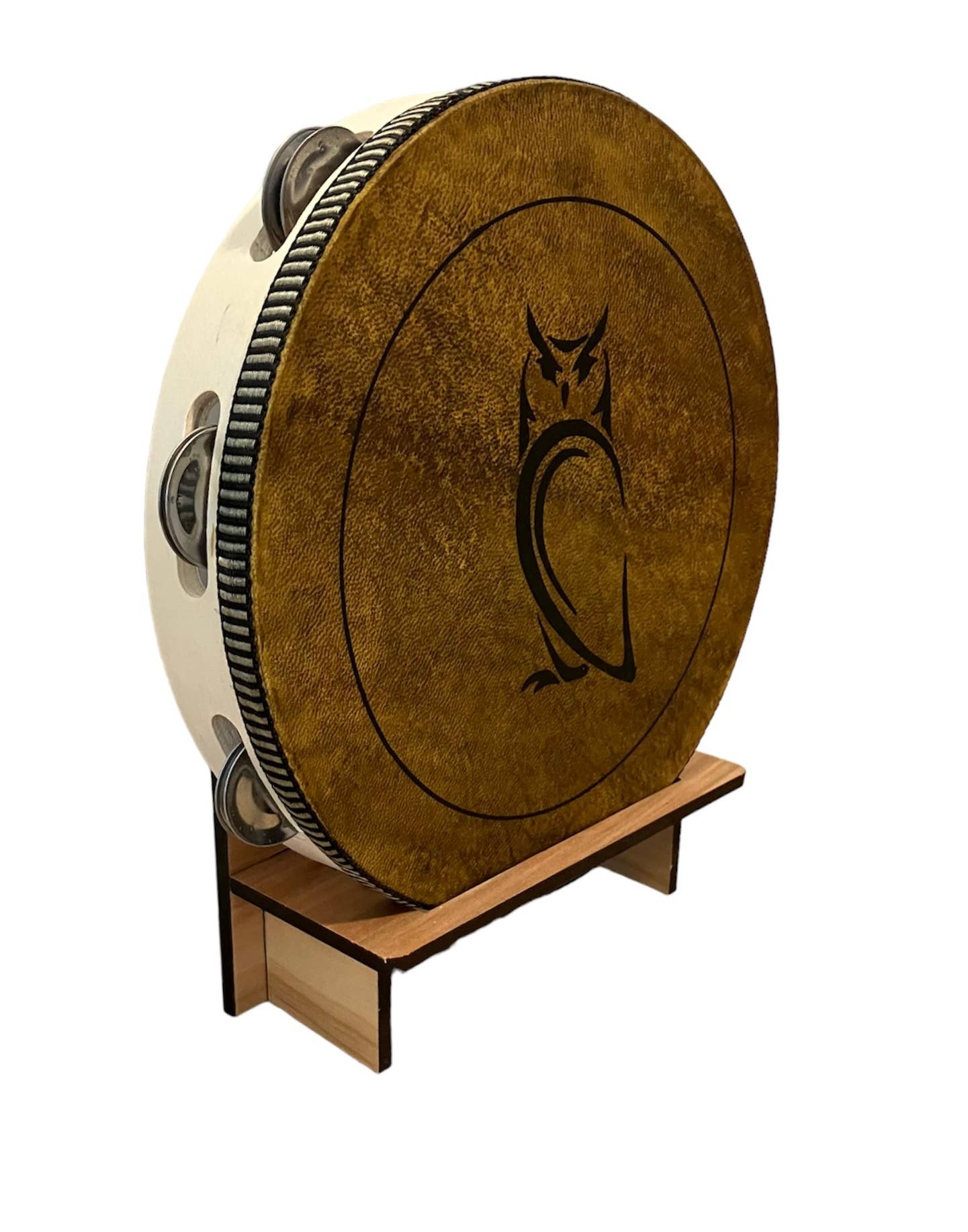 10" Owl Goat Hide Tambourine with Illuminated Display Stand