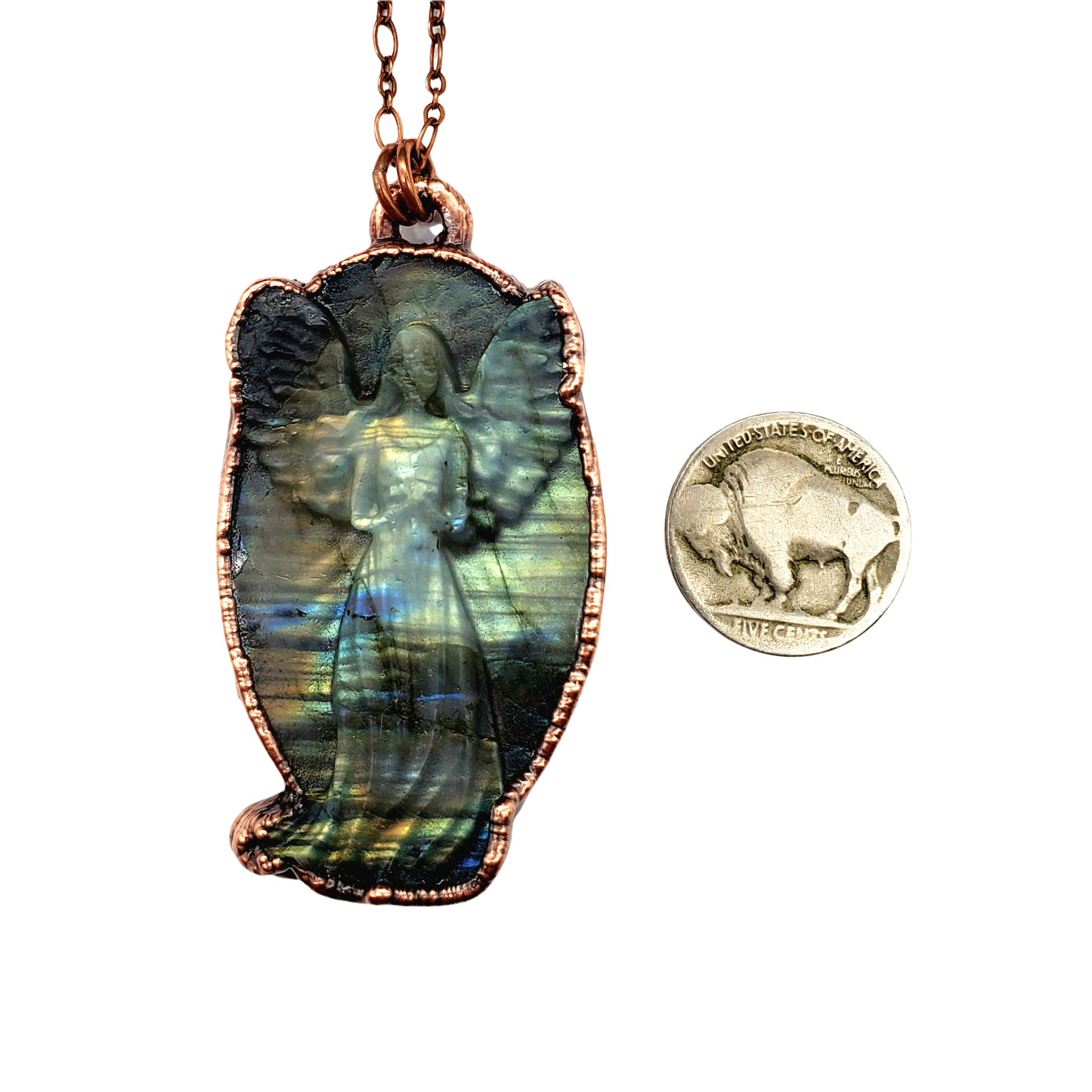 Hand Carved Guardian Angel Copper Wrapped Green Fire Labradorite Necklace