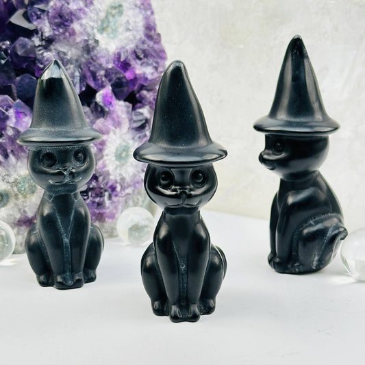 Black Onyx Crystal Cat with Hat - Halloween Decor