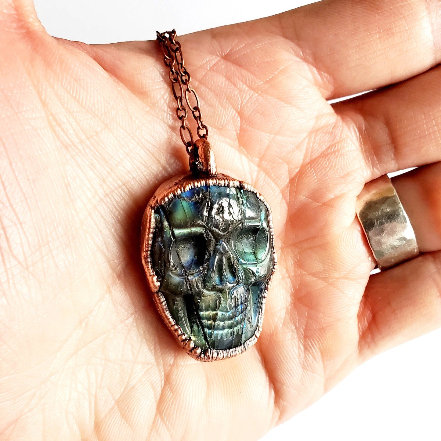 Carved Skull Copper Wrapped Green Fire Labradorite Necklace