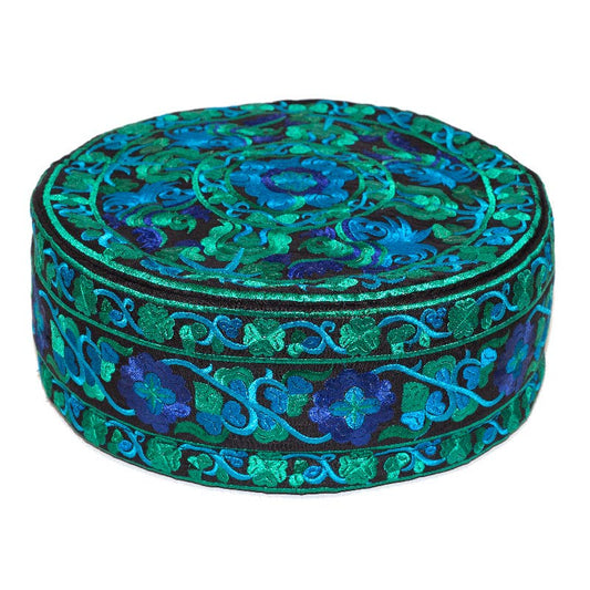 Large Embroidered Meditation Pillow - Blue/Green Floral Pattern