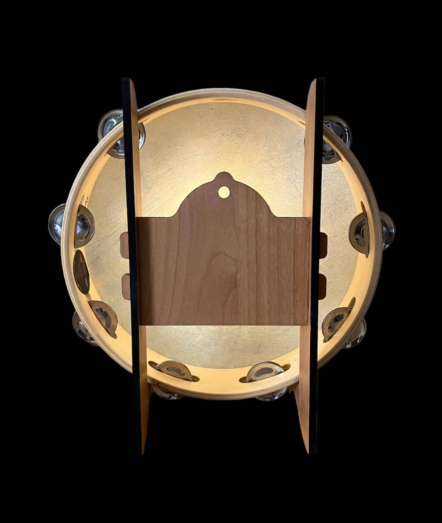 10" Owl Goat Hide Tambourine with Illuminated Display Stand