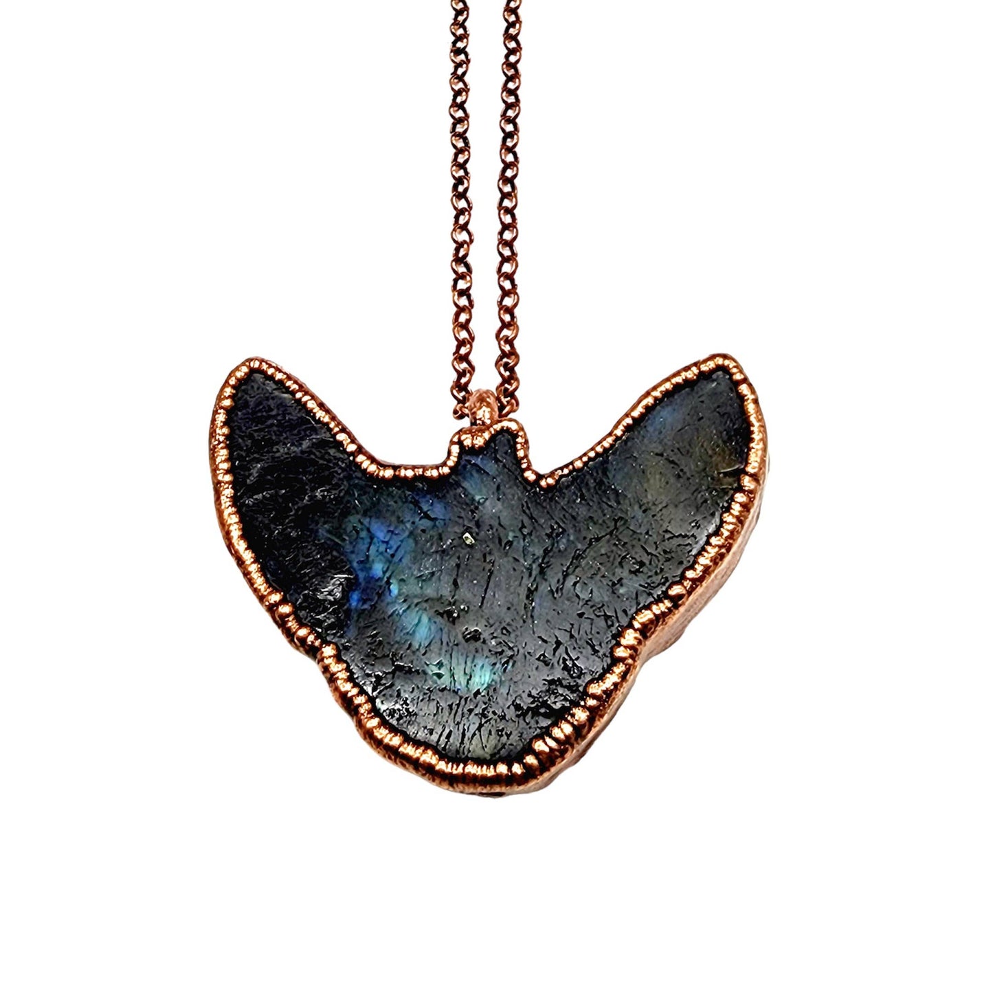 Carved Owl Talisman Copper Wrapped Green Fire Labradorite Necklace