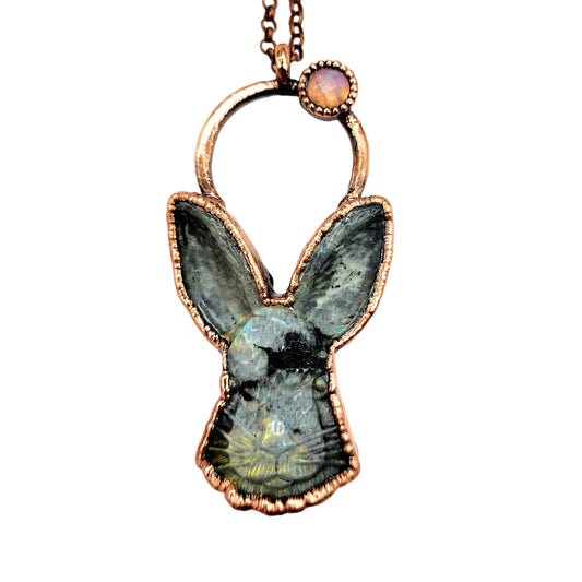 Rabbit Totem Copper Wrapped Green Fire Labradorite Necklace