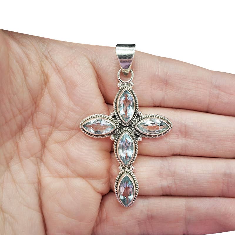 Faceted Blue Topaz Sterling Silver Cross Pendant