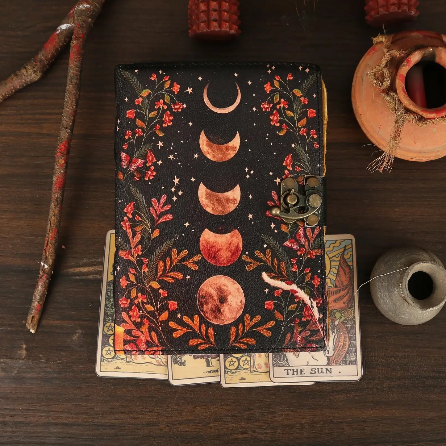 Vintage Style Leather Journal with Phases of the Moon
