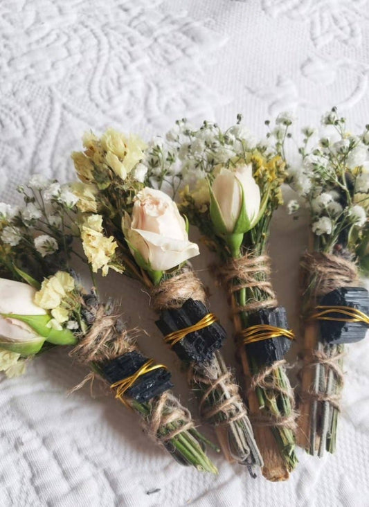 Black Tourmaline, Palo Santo, Rose and Wild Flower Smudge Stick With Crystal