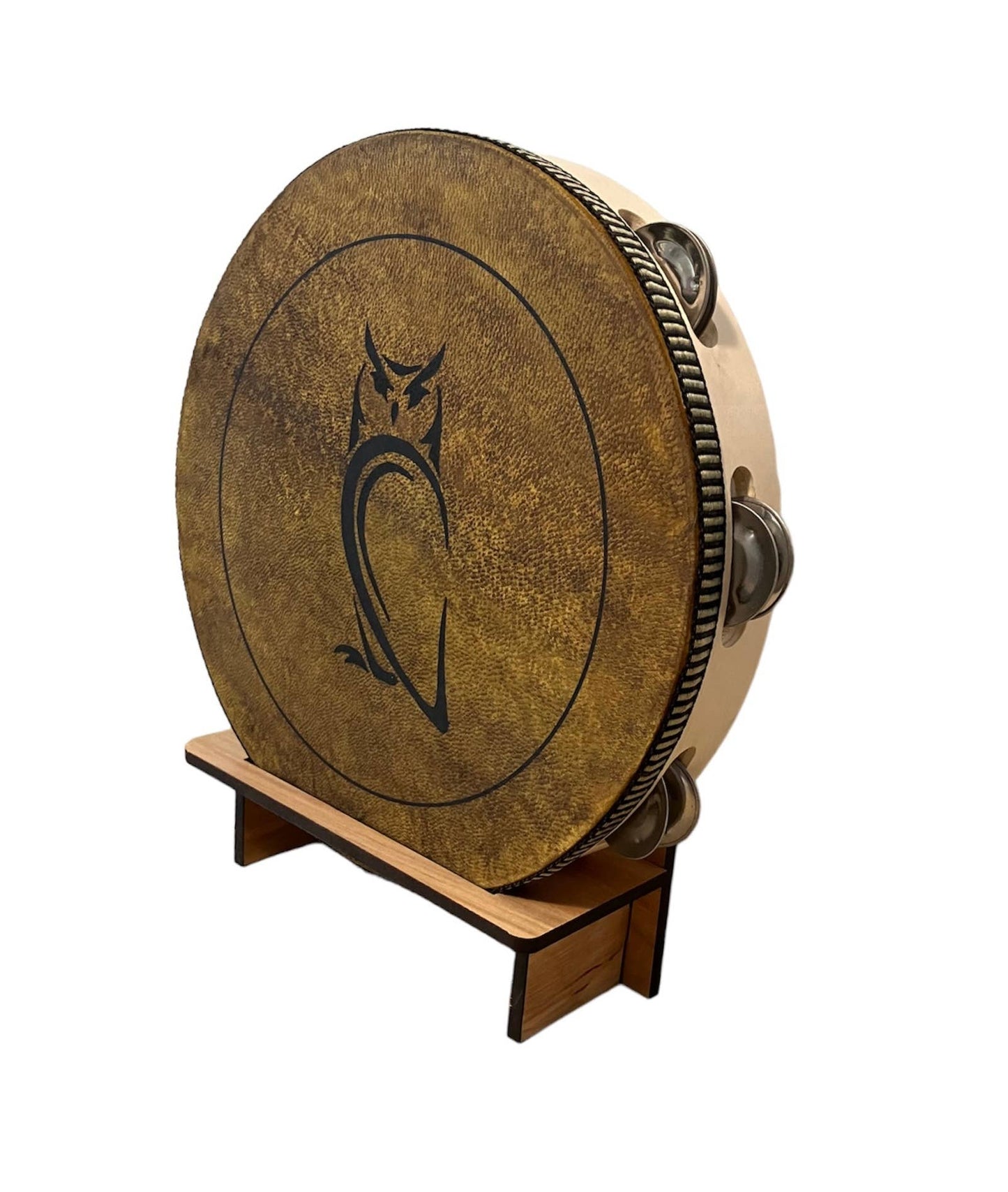 10" Owl Goat Hide Tambourine with Illuminated Display Stand