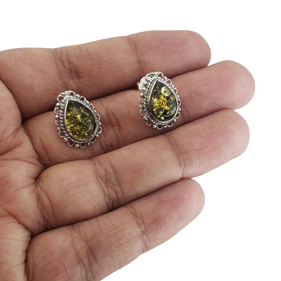 Olive Green Amber Sterling Silver Stud Earrings
