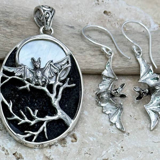 Bat in Shell Full Moon Pendant Sterling Silver