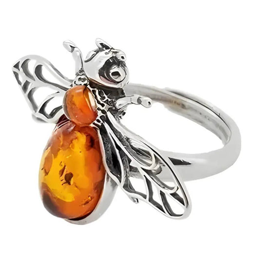 Cognac Amber Sterling Silver Bee Adjustable Ring