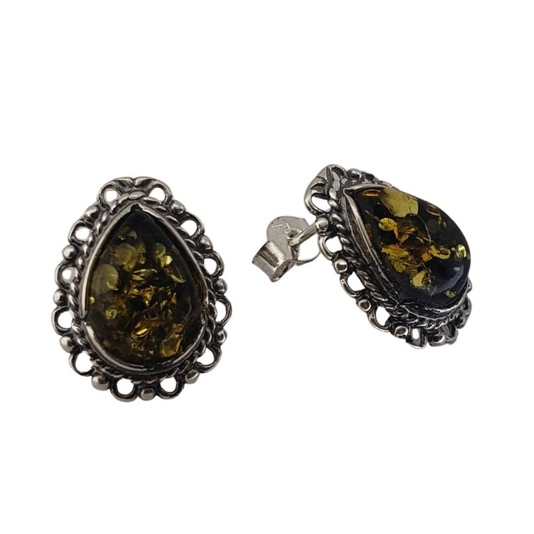 Olive Green Amber Sterling Silver Stud Earrings