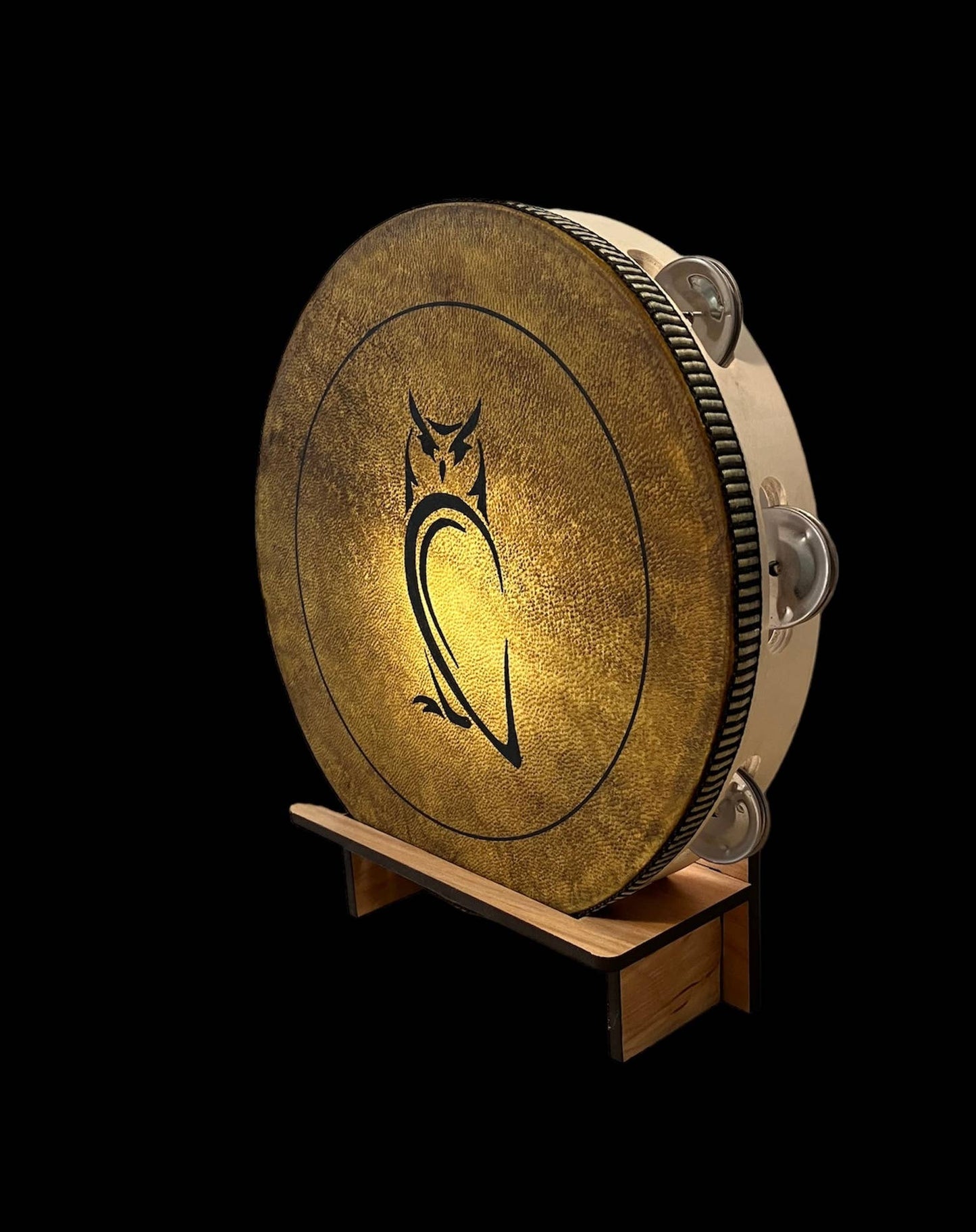 10" Owl Goat Hide Tambourine with Illuminated Display Stand