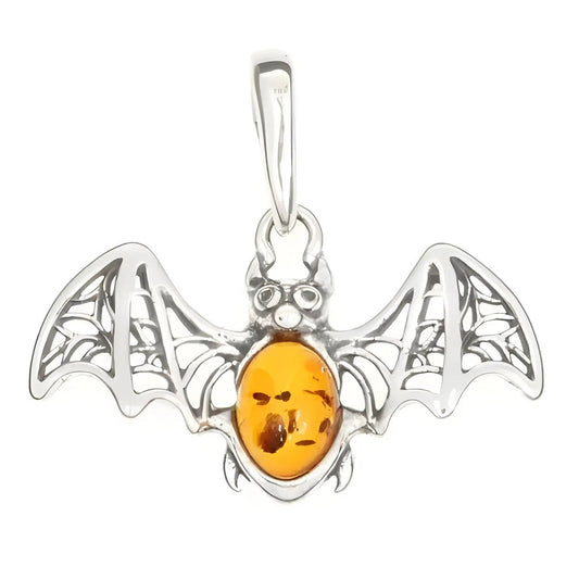 Cognac Amber Sterling Silver Small Bat Pendant