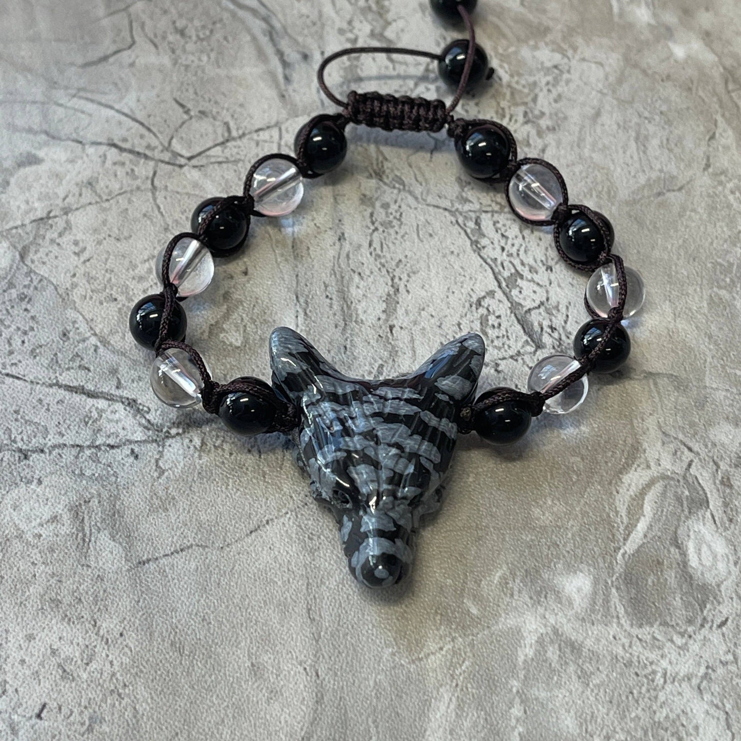 Snowflake Obsidian Wolf Spirit Animal Woven Gemstone Bracelet