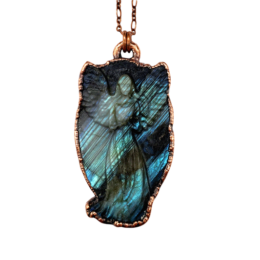 Hand Carved Guardian Angel Copper Wrapped Green Fire Labradorite Necklace