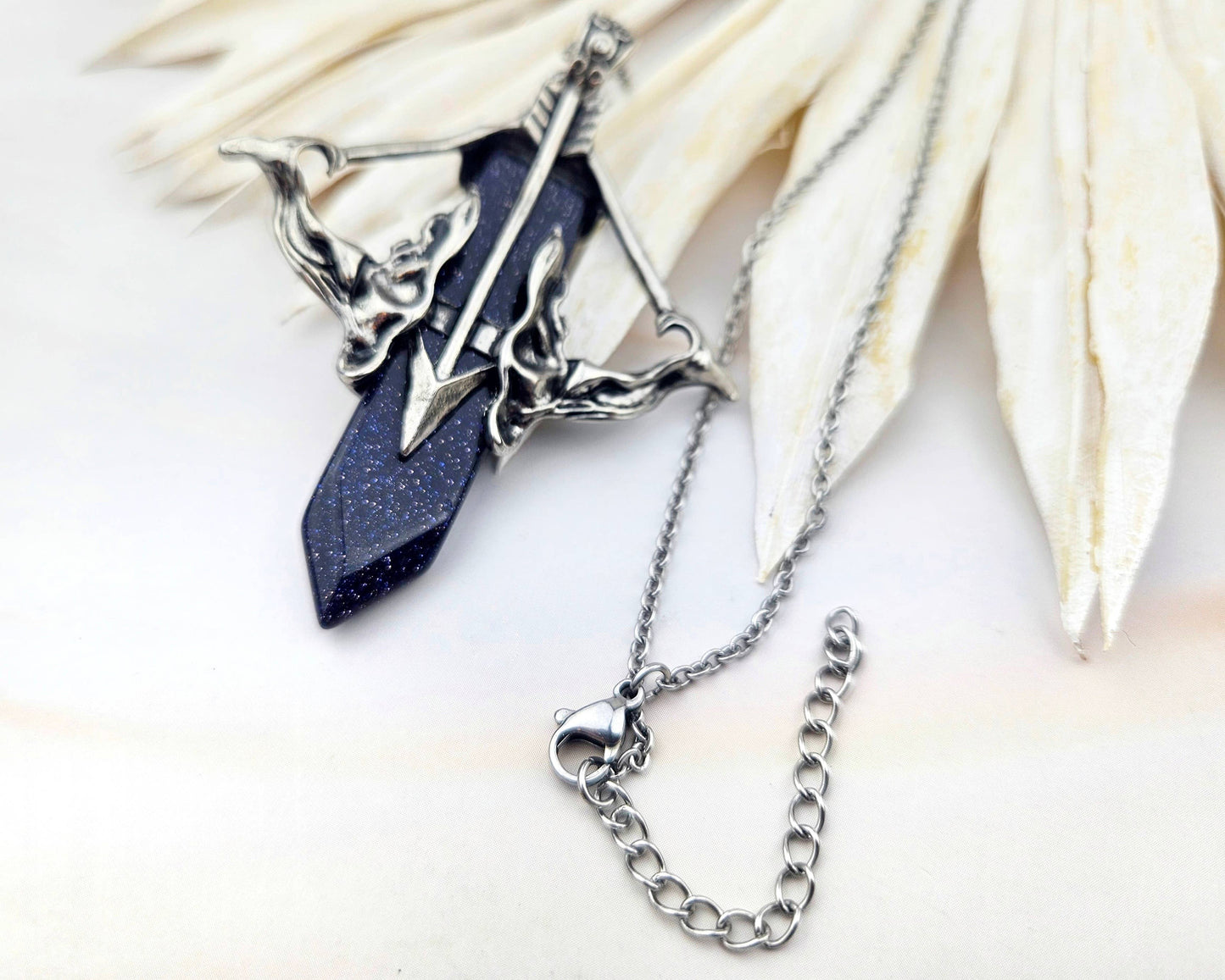 Blue Goldstone Bow and Arrow Motivation Gemstone Necklace