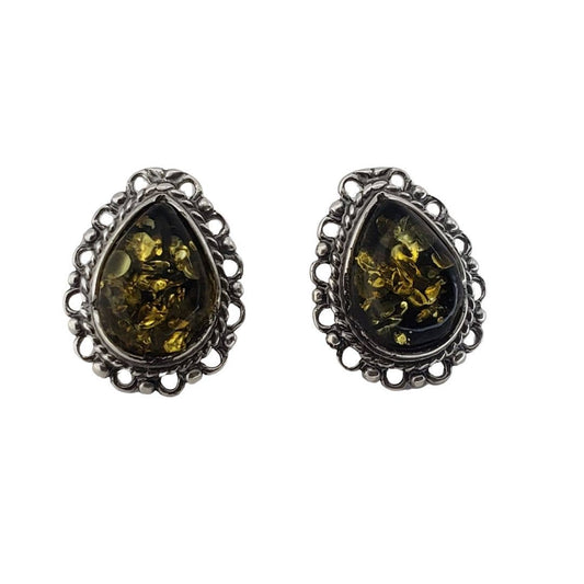 Olive Green Amber Sterling Silver Stud Earrings